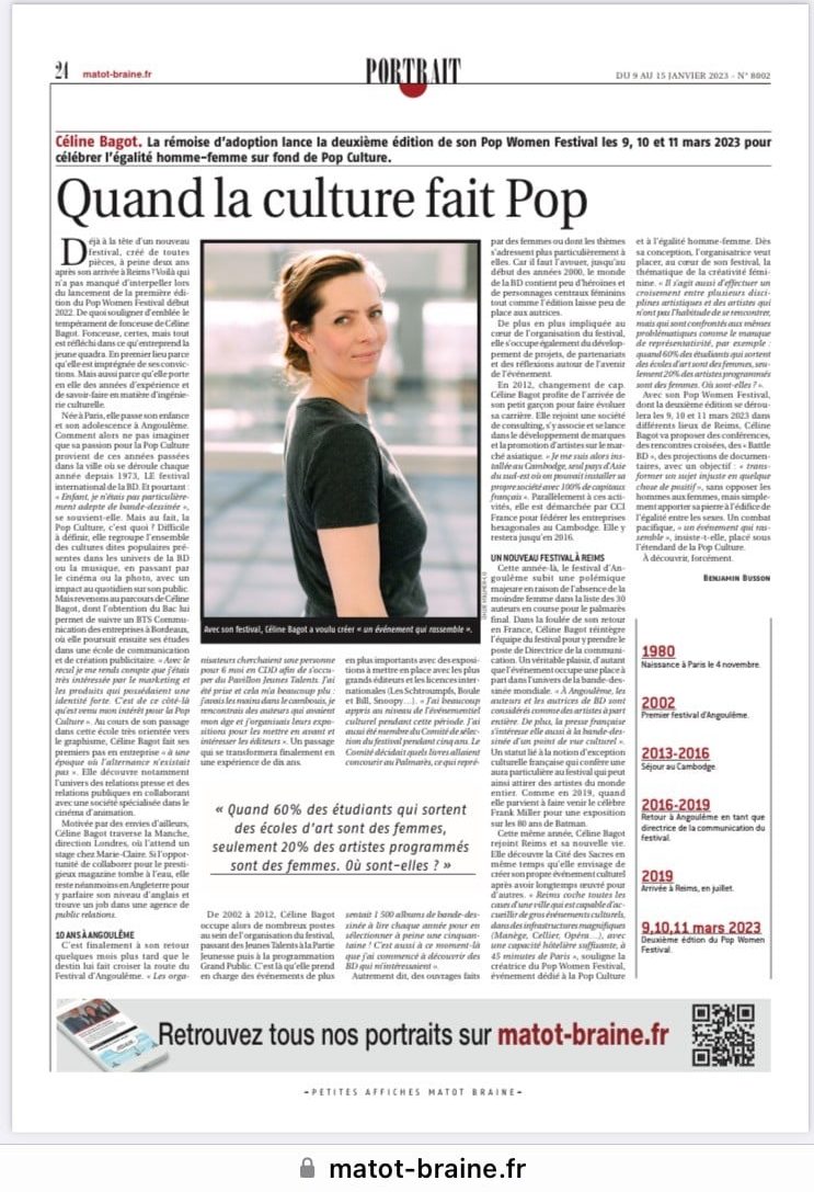Article de Matot Braine sur le Pop Women Festival et sa fondatrice Céline Bagot